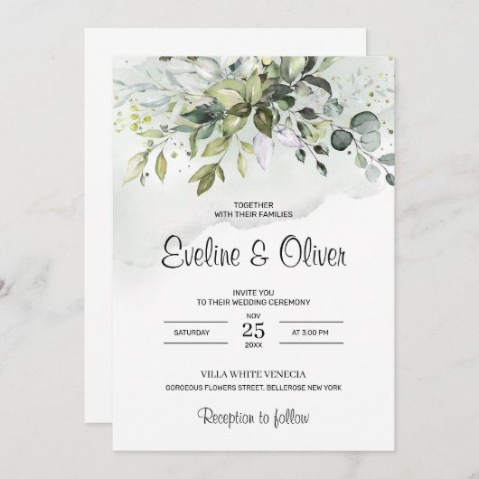 Invitation Boho feuillage vert eucalyptus pastel mariage (Devant / Derrière)