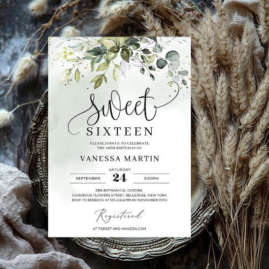 Invitation Boho feuillage vert eucalyptus sweet sixteen