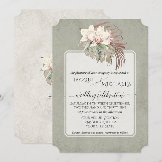 Invitation BOHO Feuillage Vert Sauge Orchidée Blanche Floral (Devant / Derrière)