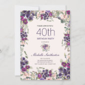 Invitation Boho feuilles vert sauge violet floral rose 40ème (Devant)