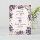 Invitation Boho feuilles vert sauge violet floral rose 40ème (Debout devant)