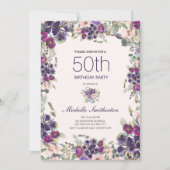 Invitation Boho feuilles vert sauge violet floral rose 50e (Devant)