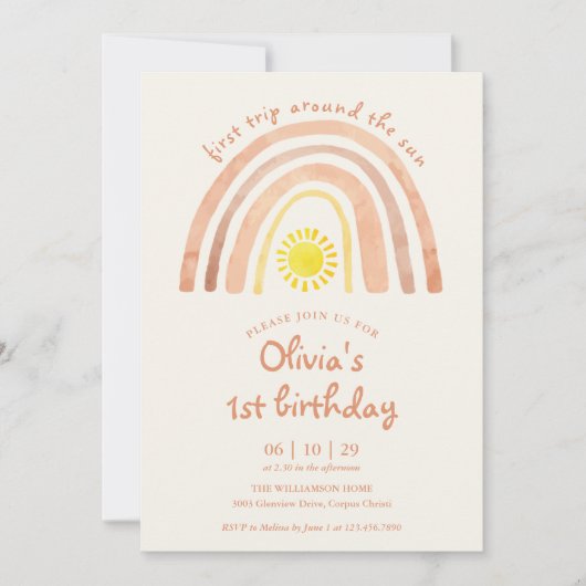 Invitation Boho First Trip Around Sun Rainbow 1st Birthday (Devant)