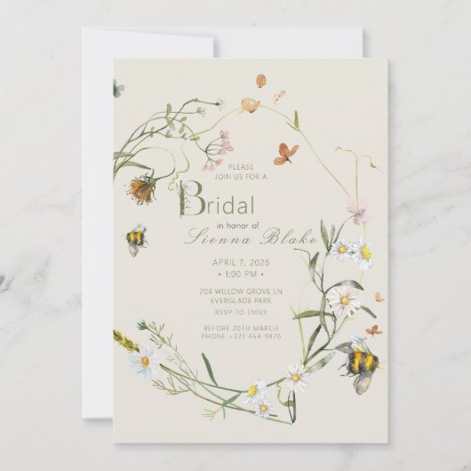 Invitation Boho Fleur sauvage Bee Beige Fête des mariées (Devant)