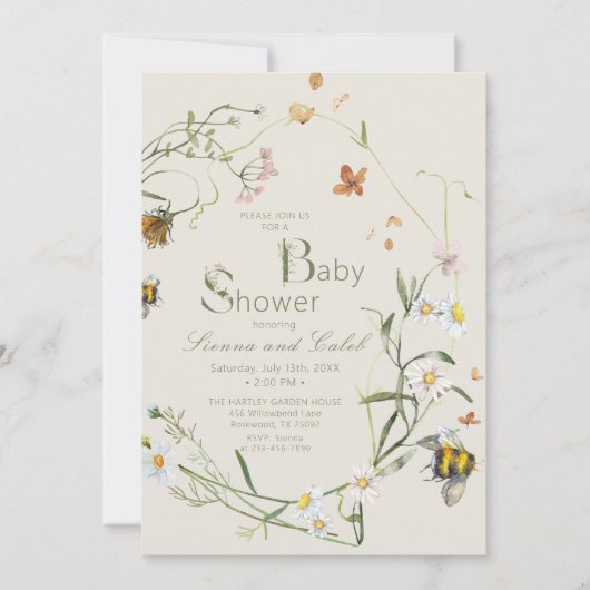 Invitation Boho Fleur sauvage Beige Baby shower Beige  (Devant)