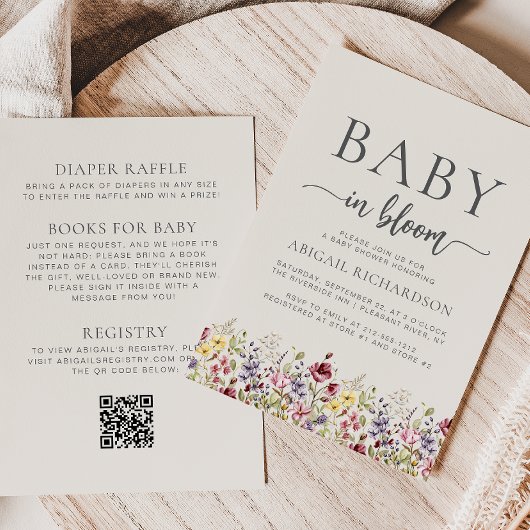 Invitation Boho Fleur sauvage Beige QR Code Baby shower