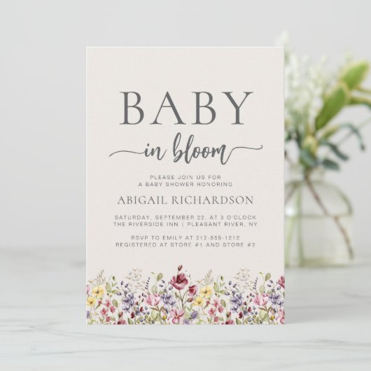 Invitation Boho Fleur sauvage Beige QR Code Baby shower (Debout devant)
