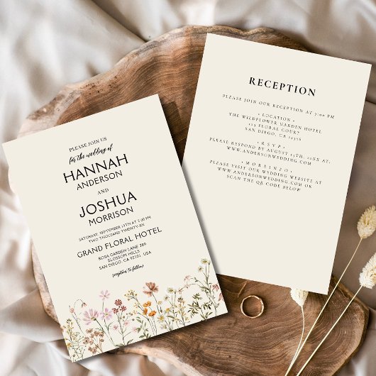 Invitation Boho Fleur sauvage beige tout en un Mariage couleu