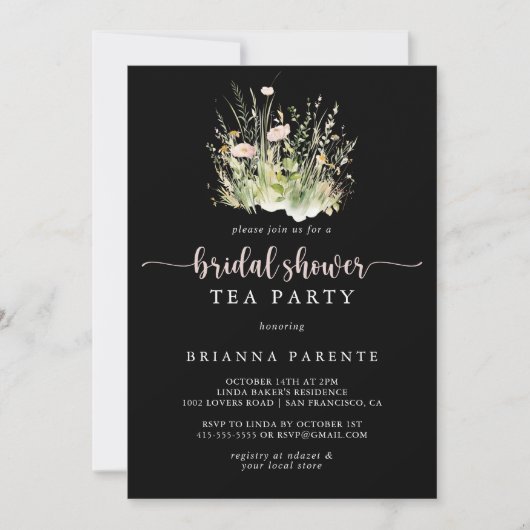 Invitation Boho Fleur sauvage Black Fête des mariées Tea Part (Devant)