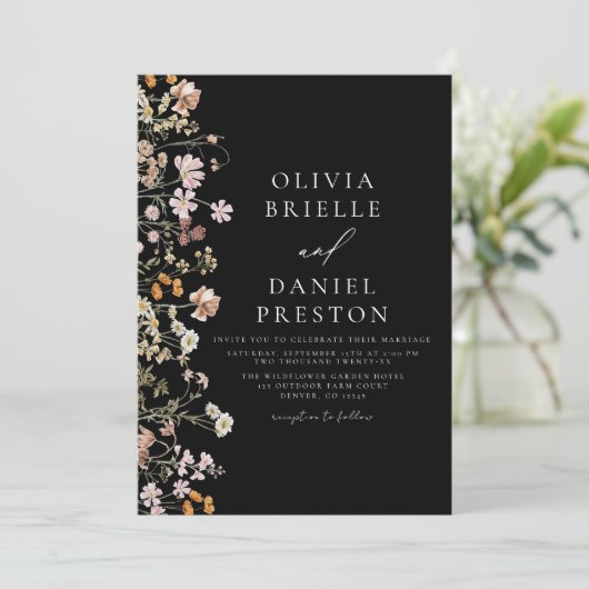 Invitation Boho Fleur sauvage Black Garden Mariage (Debout devant)