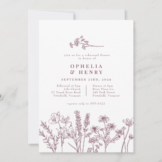 Invitation Boho Fleur sauvage Bourgogne Mariage Dîner de répé (Devant)