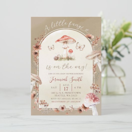 Invitation Boho Fleur sauvage champignons Baby shower de cham (Debout devant)