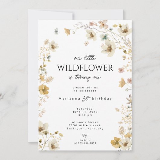 Invitation boho fleur sauvage de premier anniversa (Devant)