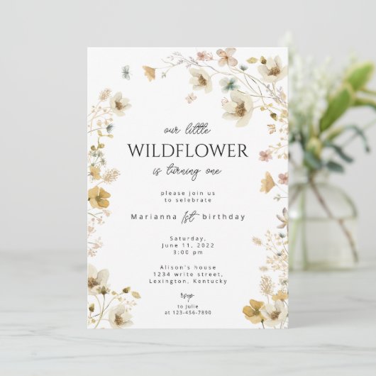 Invitation boho fleur sauvage de premier anniversa (Debout devant)