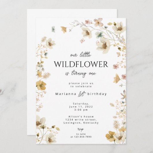 Invitation boho fleur sauvage de premier anniversa (Devant / Derrière)