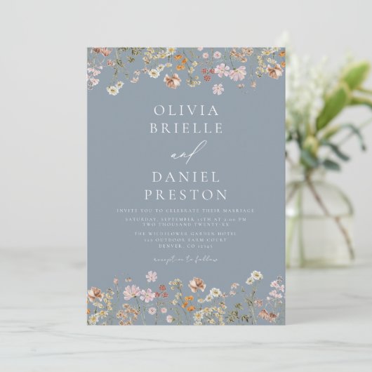 Invitation Boho Fleur sauvage Dusty Blue Garden Mariage (Debout devant)