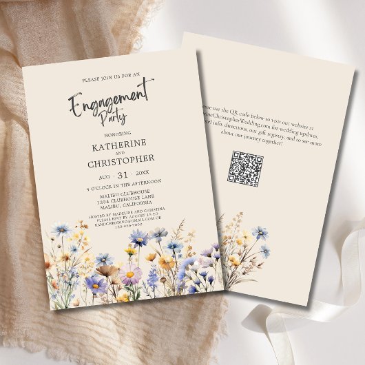 Invitation BOHO Fleur sauvage Engagement Party Élégant Beige