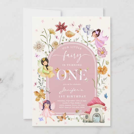 Invitation Boho Fleur sauvage Fairy 1er fête d'anniversaire (Devant)