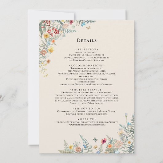 Invitation Boho Fleur sauvage Fern Beige Mariage Détails et (Dos)