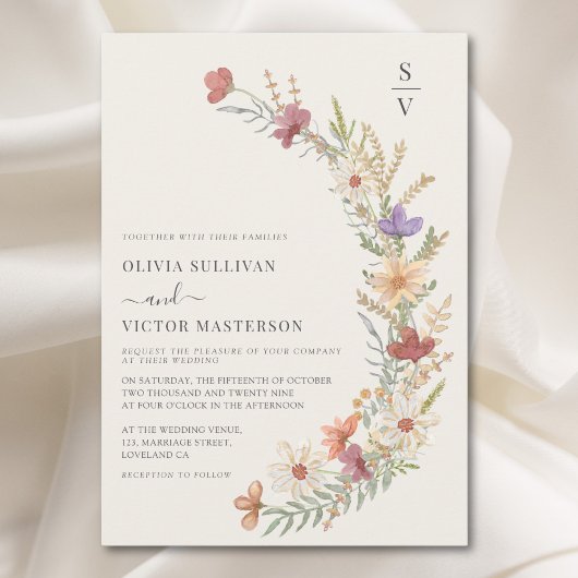 Invitation Boho Fleur sauvage Floral Beige Mariage