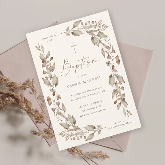 Invitation Boho Fleur sauvage Floral Genre Baptême neutre