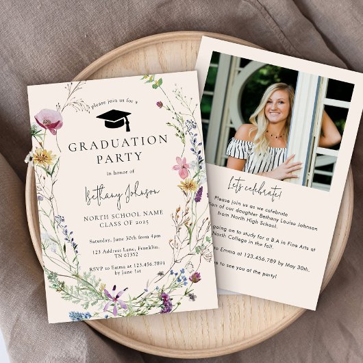 Invitation Boho Fleur sauvage Floral Photo Graduation Party