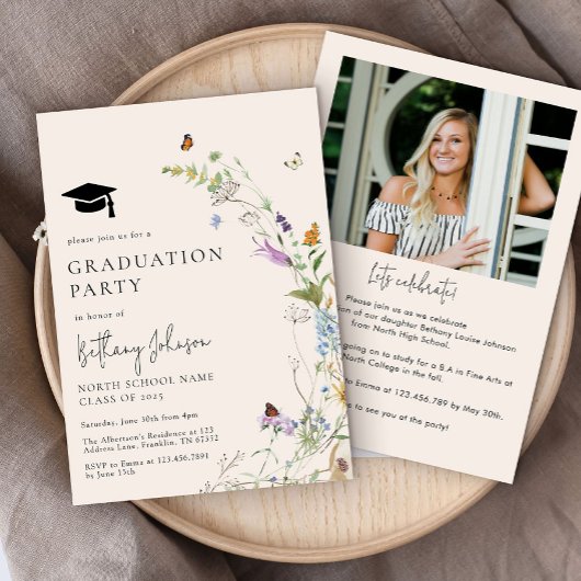 Invitation Boho Fleur sauvage Floral Photo Graduation Party