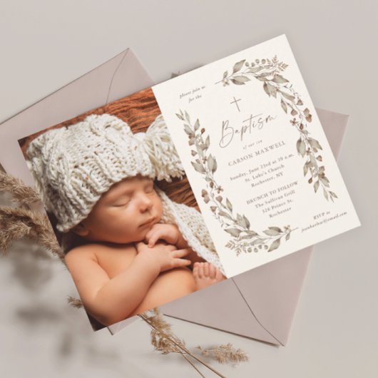 Invitation Boho Fleur sauvage Genre Neutre Photo Baptême