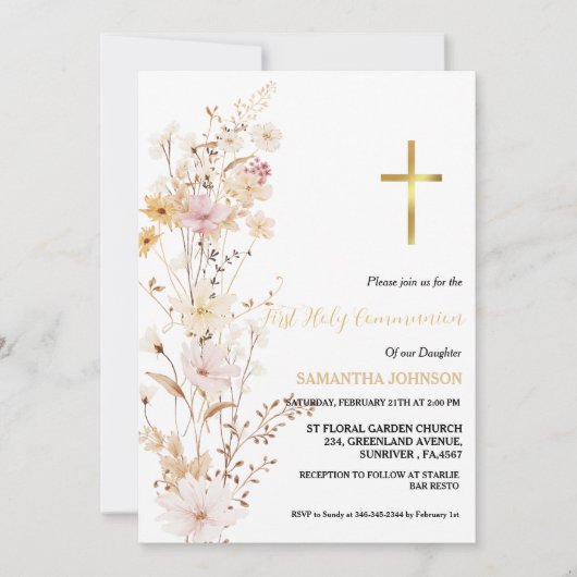 Invitation Boho Fleur sauvage Grass Girl première sainte comm (Devant)