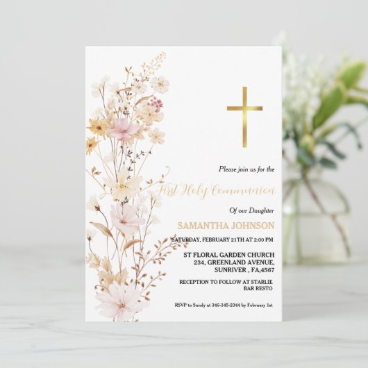 Invitation Boho Fleur sauvage Grass Girl première sainte comm (Debout devant)
