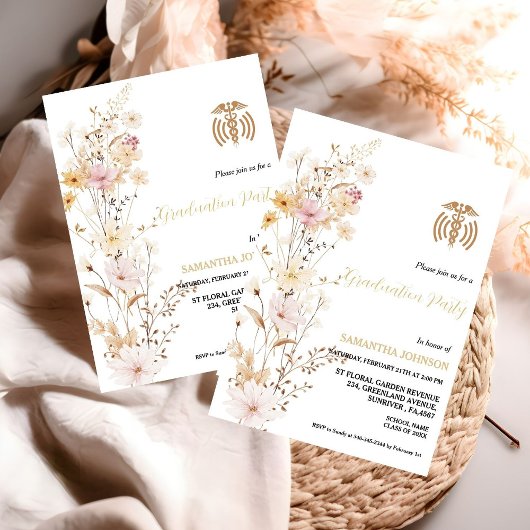 Invitation Boho Fleur sauvage Infirmière en herbe Fête de gra