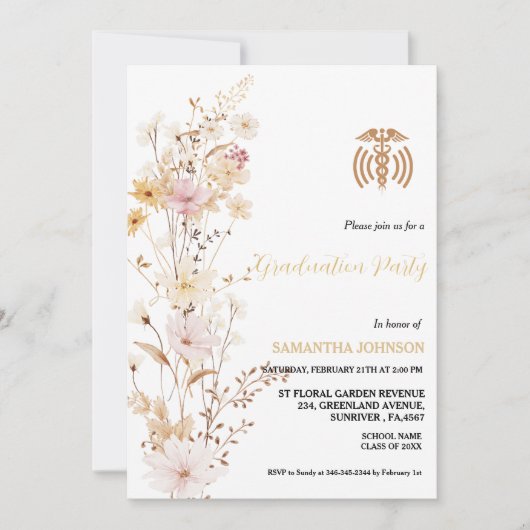 Invitation Boho Fleur sauvage Infirmière en herbe Fête de gra (Devant)