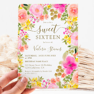 Invitation Boho fleur sauvage jardin aquarelle Sweet 16