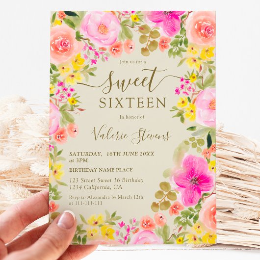 Invitation Boho fleur sauvage jardin aquarelle Sweet 16