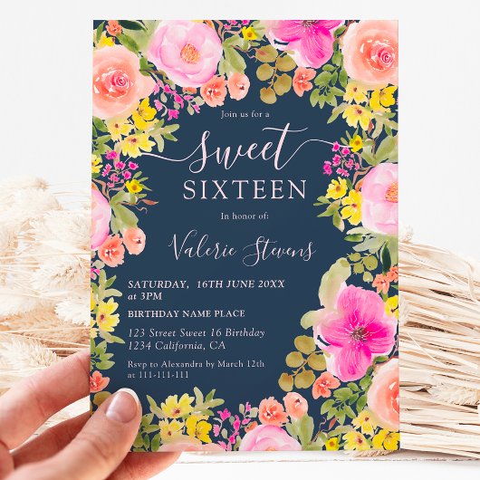 Invitation Boho fleur sauvage jardin aquarelle Sweet 16 bleu