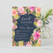 Invitation Boho fleur sauvage jardin aquarelle Sweet 16 bleu (Debout devant)