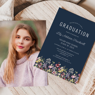 Invitation Boho Fleur sauvage Navy Blue Photo Graduation