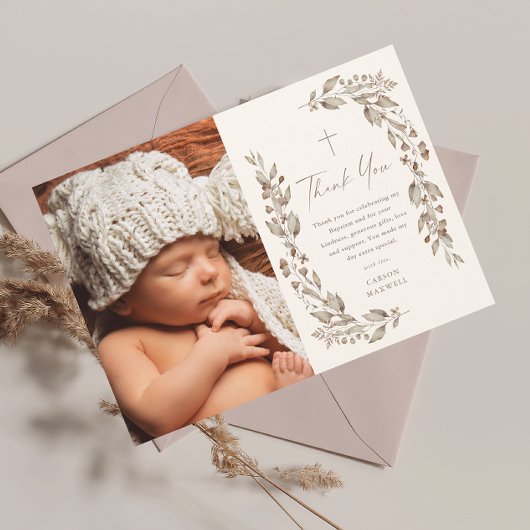 Invitation Boho Fleur sauvage Neutral Photo Baptême Merci