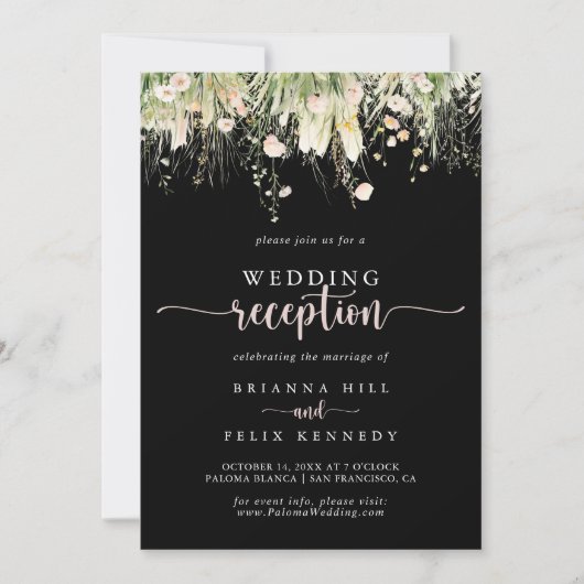 Invitation Boho Fleur sauvage Noir Mariage Réception (Devant)