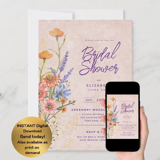 Invitation Boho Fleur sauvage nuptiale, Baby shower, Annivers