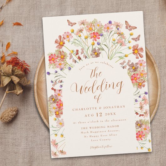 Invitation Boho Fleur sauvage papillon Mariage