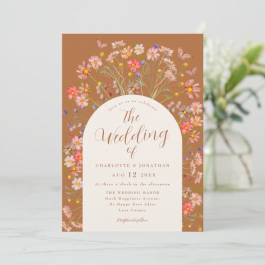 Invitation Boho Fleur sauvage papillon Mariage (Debout devant)