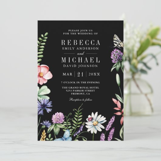 Invitation Boho Fleur sauvage Photo QR Code Mariage noir (Debout devant)