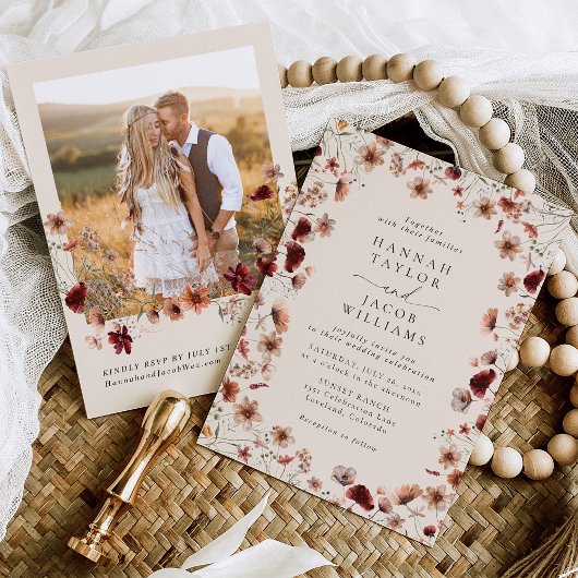 Invitation Boho Fleur sauvage photo QR Code RSVP Mariage