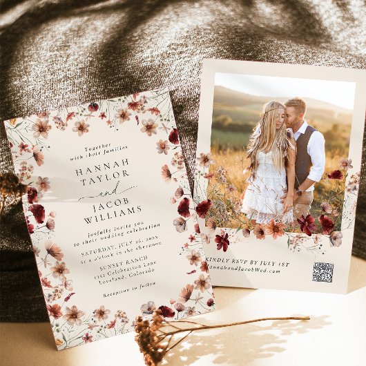 Invitation Boho Fleur sauvage photo QR Code RSVP Mariage