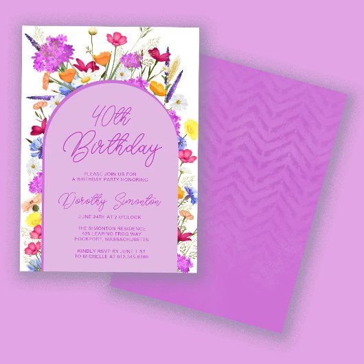 Invitation Boho Fleur sauvage pourpre 40e fête d'anniversaire