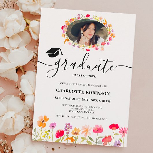 Invitation Boho fleur sauvage printemps fleurie photo graduat