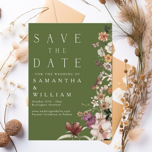 Invitation Boho Fleur sauvage Rustic Moss Green Enregistrer L