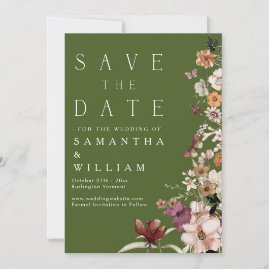 Invitation Boho Fleur sauvage Rustic Moss Green Enregistrer L (Devant)