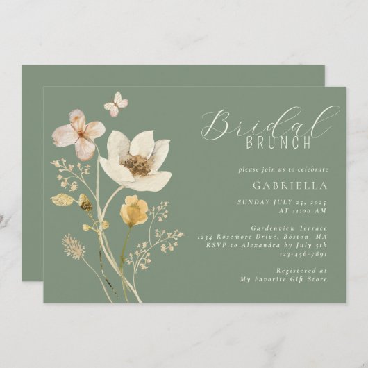 Invitation Boho Fleur sauvage Sage Green Cream Bridal Brunch (Devant / Derrière)